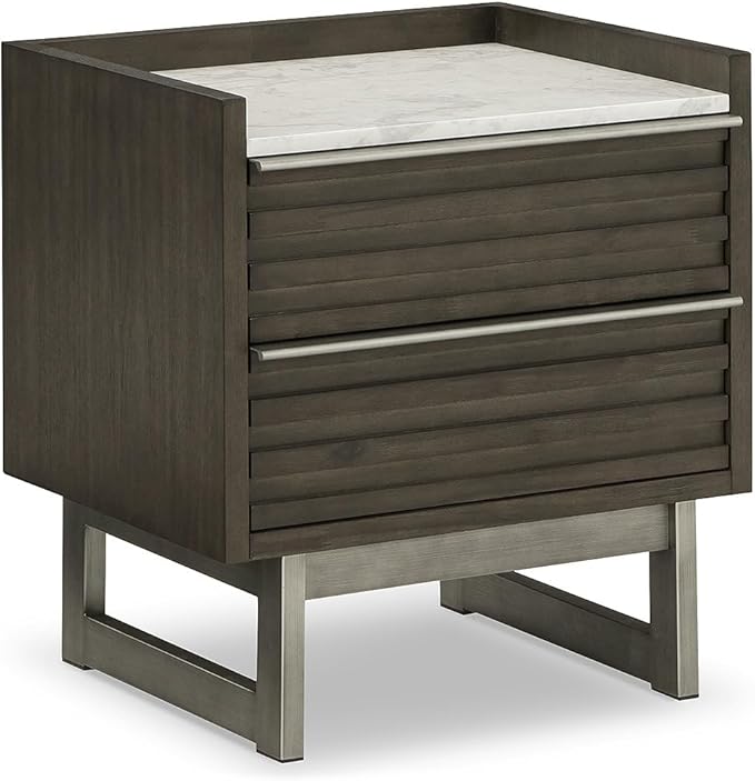 Signature Design by Ashley Arkenton Contemporary Nightstand with Marble Tabletop, White & Dark Brown