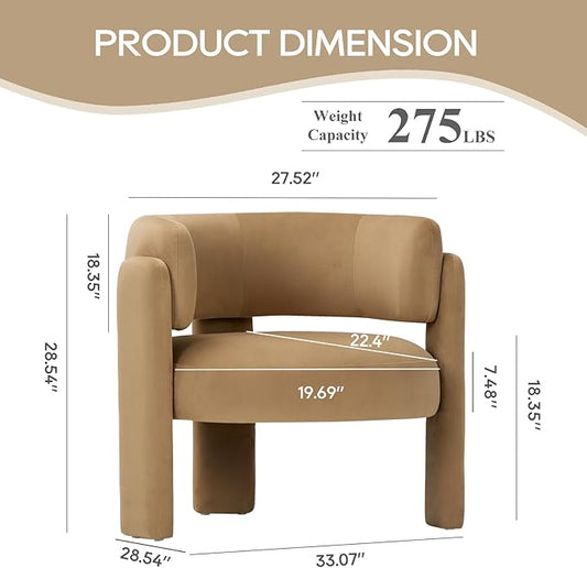 COLAMY Modern Accent Chair, Velvet Accent Chairs, Upholstered Barrel Chairs with Solid Wood Legs, Comfy Side Chair for Living Room, Bedroom, Reading, Cozy Reading Chair,Khaki