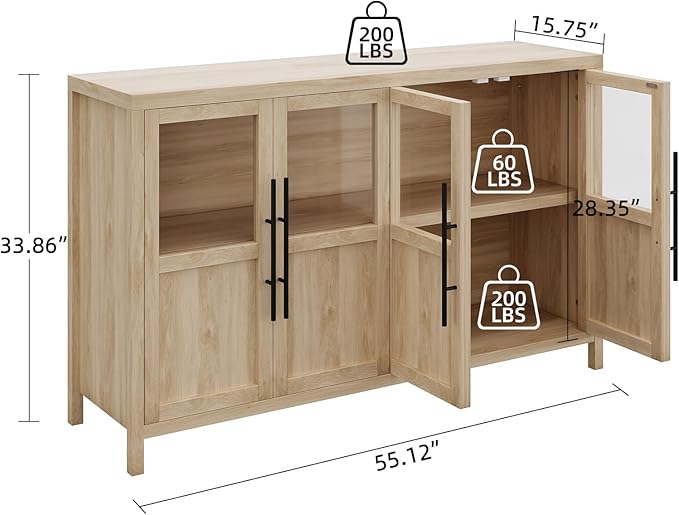 GarveeHome Sideboard Buffet Cabinet with 4 Glass Doors, 55 in Buffet Table Coffee Bar Wine Bar Display Cabinet for Kitchen Dining Room, Living Room (Glass with 4 Doors, Natrual)
