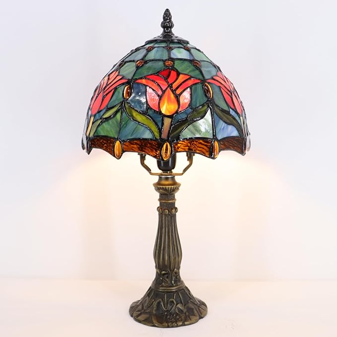 Small Tiffany Lamp Mini Accent Table Lamp Stained Glass Desk Memory Lamp Sympathy 8X14.5 Inch (Tulip Style)