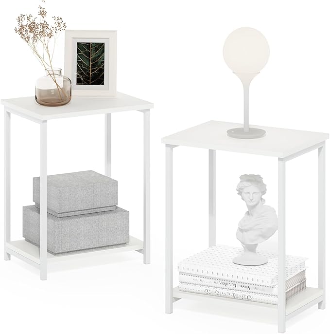 Furinno Simplistic Side Table Set of 2, 2-Tier Modern Metal Frame End Table with Open Shelf, Night Stand, Bedside Table, Easy Assembly, for Living Room, Bedroom, White
