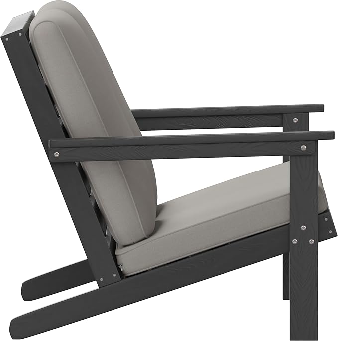 Flash Furniture Charlestown Adirondack Style Deep Seat Patio Loveseat with Cushions - Black Poly Resin Frame - Charcoal All-Weather Cushions - Indoor/Outdoor