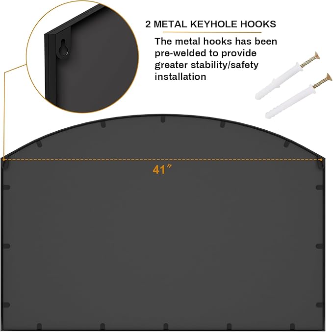 Arched Window Mirror, Matte Black Windowpane Wall Mirror, Wide Grid Decorative Mirrors, Arch Metal Frame Mirrors for Living Room, Entryway, 42" x 28"