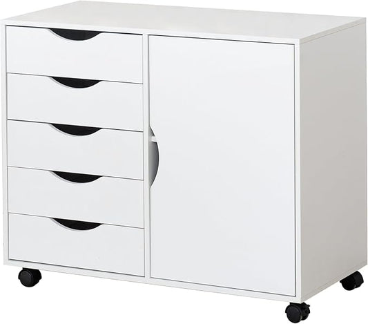 QDSSDECO 5-Drawer Chest with 1 Door, Wooden Storage Chest of Drawers, Mobile Dresser Cabinet with Wheels, Printer Stand for Home Office Bedroom