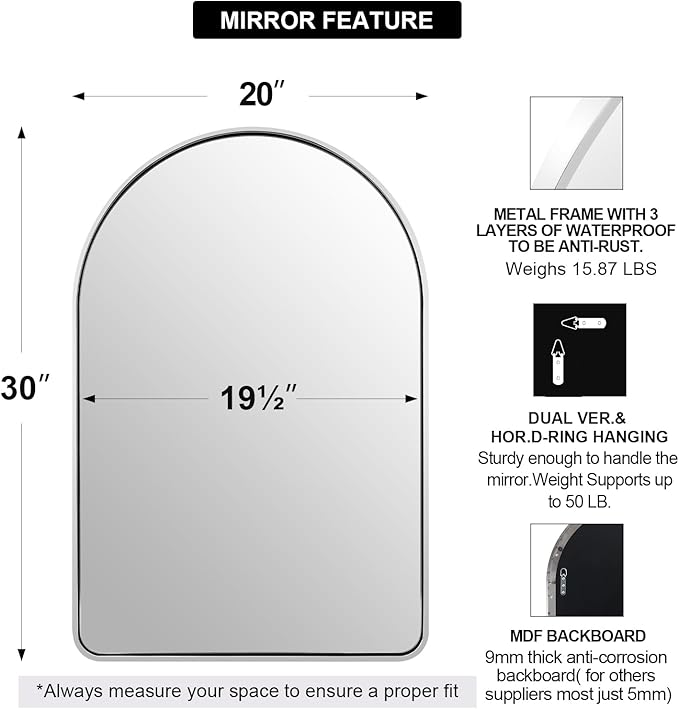 ANDY STAR Chrome Arch Mirror, 20x30'' Polished Chrome, Wall-Mounted Vertical 1'' Deep
