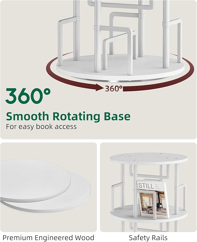 5 Tier Rotating Bookshelf with Extra Storage Cabinet, 360°Spinning Corner Bookshelf, Floor Standing Bookcase for Kids & Adult, Narrow Book Shelf for Bedroom Living Room, Pure White