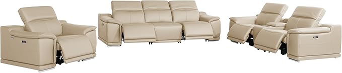 BlackJack Furniture Venice Top Grain Italian Leather Recliner 7 Seater 5 Power Reclining 3 Piece Sofa Set with Adjustable Headrests Modern Seating Sofa, Loveseat and Chair for Living Room , Beige