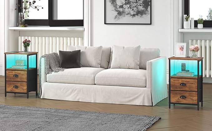 Nightstand with Charging Station, Night Stand with 2 Fabric Drawers, Bedside Table End Table with LED Light, 3-Tier Storage Side Table Nightstand with Drawers for Bedroom,Rustic Brown
