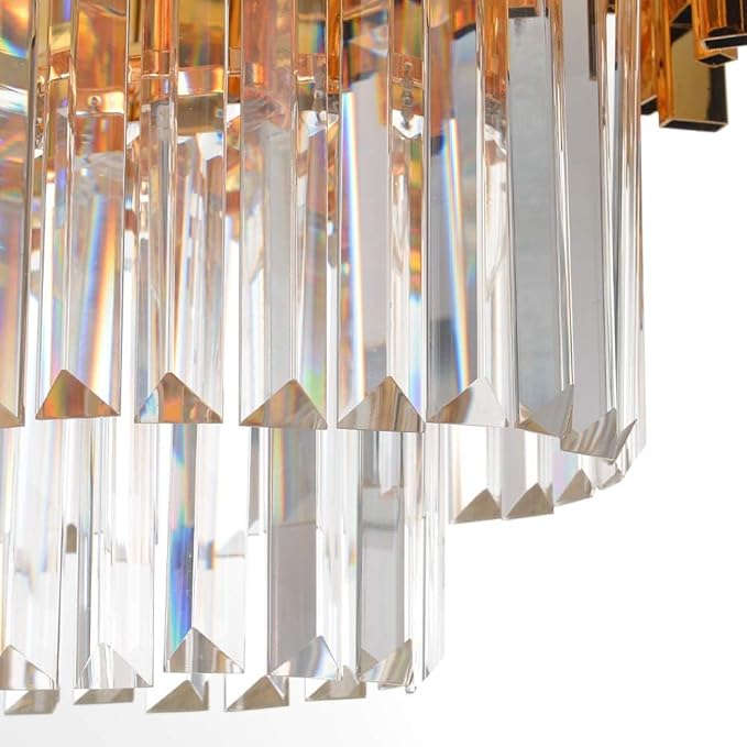 W43.3 Modern Crystal Chandelier - Luxury Pendant Ceiling Light for Dining Room, Kitchen Island, or Living Room - Oval Raindrop Contemporary Chandelier with Gold Finish.