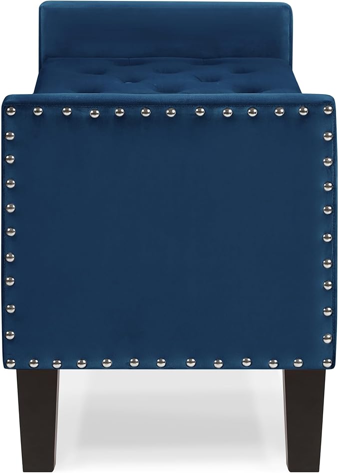 Velvet Storage Ottoman with Armrests, Upholstered Button Tufted Entryway Bench with Nails Trim for Bedroom End of Bed, Living Room,Navy