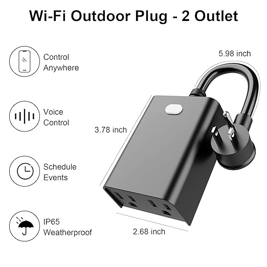 WiFi Outdoor Smart Plug, Smart Plugs That Work with Google Home for Voice Control, Wireless Remote APP Control Smart Outlet Timer with 2 Grounded, No Hub Required
