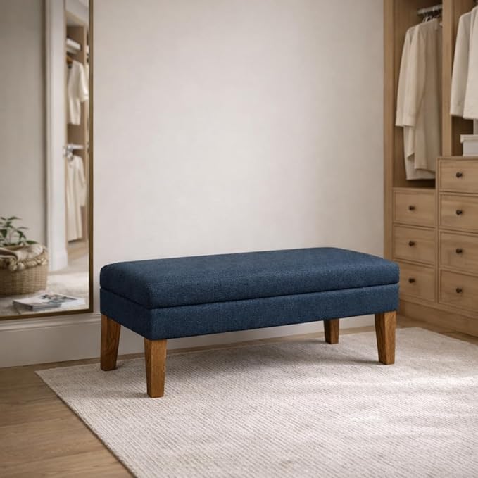 Homepop Home Decor | Upholstered Decorative Storage Ottoman Bench | Ottoman Bench with Storage for Living Room & Bedroom | Decorative Home Furniture, Navy Large