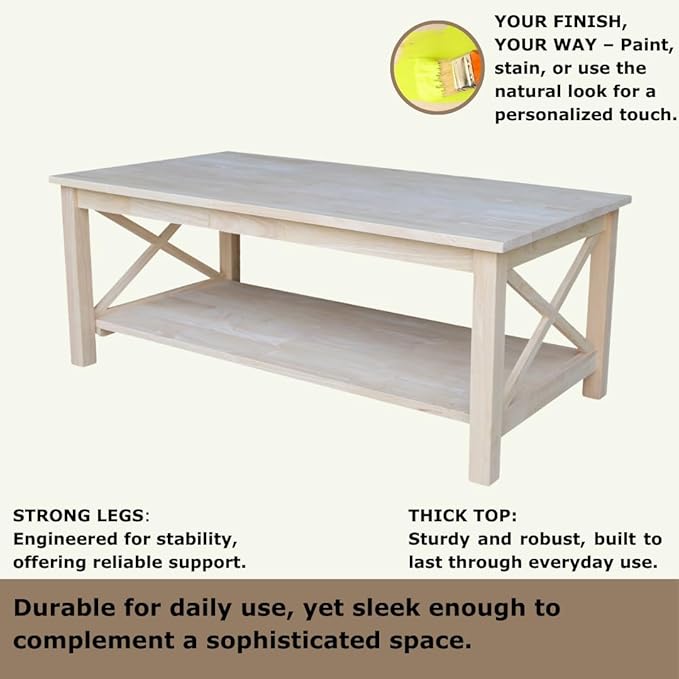 Hampton Solid Wood Coffee Table, Unfinished