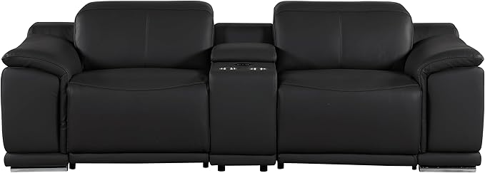 Blackjack Furniture Venice Top Grain Italian Leather Recliner 7 Seater 5 Power Reclining 3 Piece Sofa Set with Adjustable Headrests Modern Seating Sofa, Loveseat and Chair for Living Room , Black