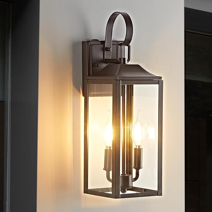 OKELI 17.6" Dusk to Dawn Outdoor Wall Light, Large Exterior Porch Lighting 2-Light Farmhouse Outside Lantern Lights with Clear Glass Waterproof Wall Sconces Lamp for House Garage, Brown