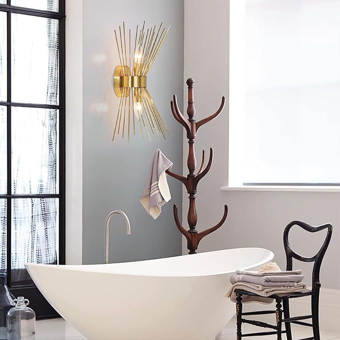 2-Light Bathroom Vanity Light, Mid-Century Modern Starburst Gold Wall Sconce, Bedside Electroplate Brass Wall Light Fixture, Wall Lamp for Powder Room Bedroom Bathroom Hallway Entryway, Set of Two