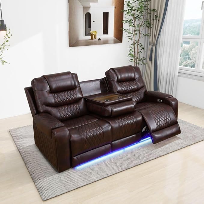 Leather Power Recliner Sofa Set with LED, Living Room Furniture Set, Leather Sofa Set with USB Port Storage Console Cup Holder for Office Living Room Home (Dark Brown)