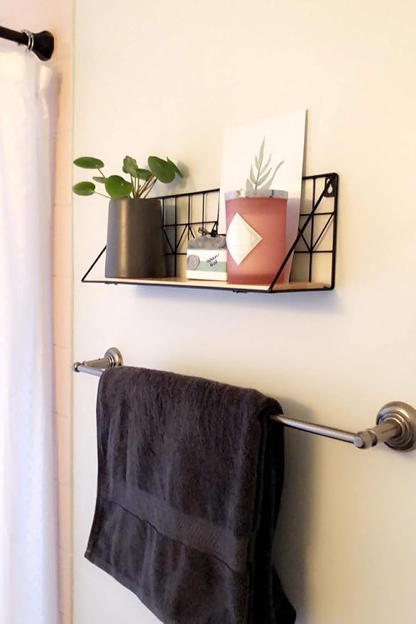 Mkono Floating Shelves Wall Mounted Set of 2 Rustic Wood Storage Display Shelf with Metal Wire Basket, Hanging Shelf for College Drom Room Bedroom Bathroom Living Room Kitchen Office, Beige,Medium