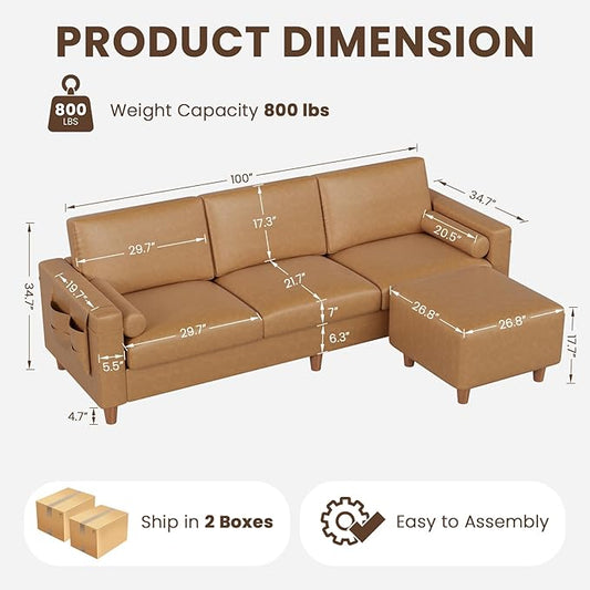 Vesgantti 100" L Shaped PU Leather Sofa with Movable Ottoman, 3 Seater Faux Leather Couch with Side Pocket, Comfy Modern Modular Sectional Couch for Living Room, Apartment, Camel
