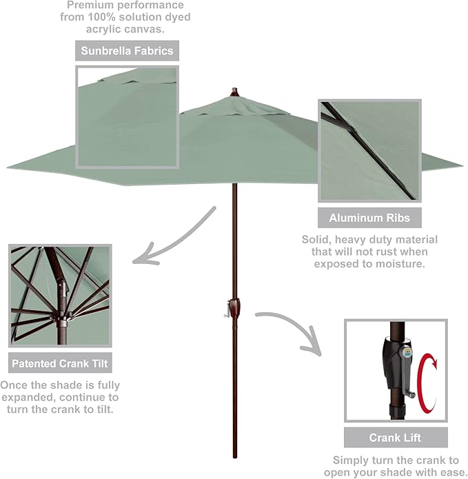California Umbrella 12-Year Protection 9-Ft Outdoor Patio Umbrella, Sunbrella Fade-Resistant Acrylic Fabric, Auto Tilt and Crank, Heavy-Duty Aluminum Frame/ Reinforced Ribs, Bronze Pole, Spa
