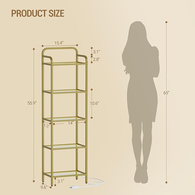 Bookshelf, Tall Narrow Bookcase with LED Lights, Tempered Glass Bookshelves with Steel Frame, Display Shelf, Slim Shelving Unit for Living Room, Bedroom, 9.6"D x 15.4"W x 55.9"H Gold BC34599G