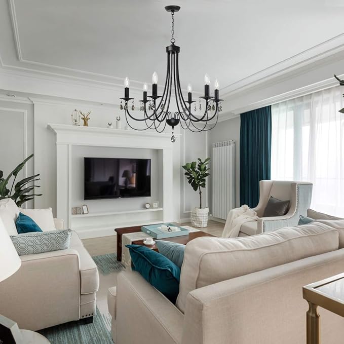 Modern Crystal Chandeliers 8 Lights Black Chandelier Mid Century Ceiling Lighting Dining Room Light Fixtures Elegant Pendant Lighting for Dining Room
