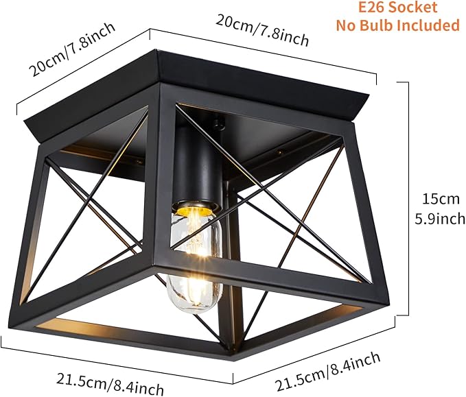 Farmhouse Ceiling Light Fixtures Black Flush Mount Ceiling Light 1-Light Industrial Metal-Framed Ceiling Lights, Rustic Flush Mount Ceiling Light for Hallway Kitchen Foyer Laundry Bedroom