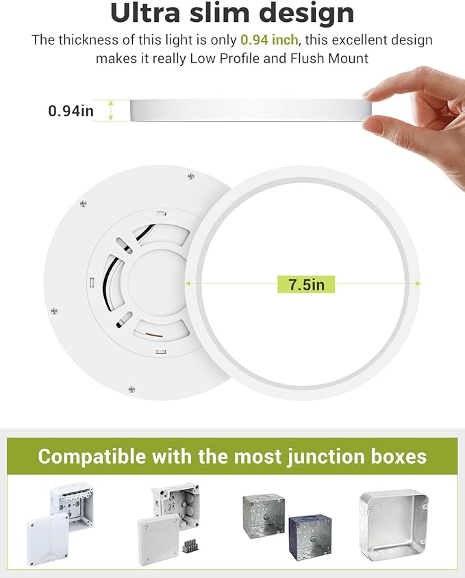 12PACK LED Flush Mount Ceiling Light, 3CCT Selectable 3000K-4000K-6500K & 100W Equivalent Modern Kitchen Recessed Ceiling Lamp 15W 1500Lm 7.5 Inch for Bathroom Closet Laundry Bedroom Hallway, White