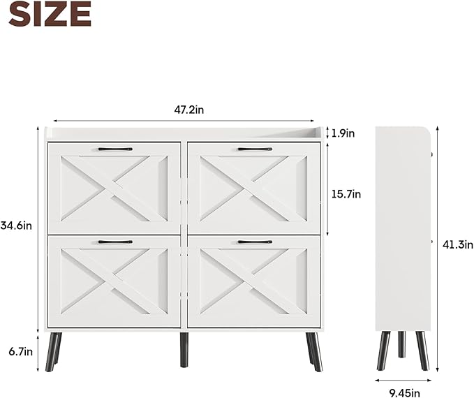 Maupvit Large Shoe Storage Cabinet with 4 Flip Drawers, Narrow Shoe Cabinet for Entryway with Wooden Legs, Freestanding Hidden Shoe Rack Organizer ＆ Metal Hinges, White