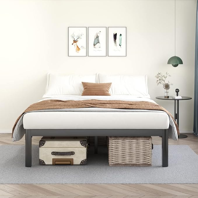 MAF Metal 18 Inch Queen Platform Bed Frame with Anti-Collision Round Legs, Black 3500 Lbs Heavy Duty Bed Frame with Wood Slats, No Box Spring Needed, Easy Assembly