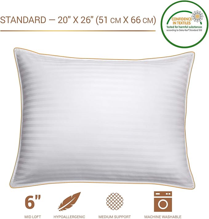 5 STARS UNITED Standard Size Pillows - Set of 2, 20x26, Super Soft Fiber Fill - Striped Satin Cotton Covers