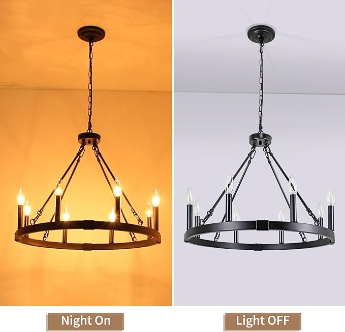8 Light Wagon Wheel Chandelier, 23.6" Rustic Farmhouse Chandelier, Industrial Vintage Round Pendant Lighting for Dining Room Kitchen Living Room Foyer, E12 Socket