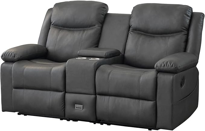 Loveseat Recliner Sofa, PU Leather Sofa Couch, Manual Recliner Loveseat with Console, Double Reclining RV Sofa with Cup Holders and Side Pocket for Living Room/Office/Apartment (Grey) | Heating & Massage, Hidden Drawer