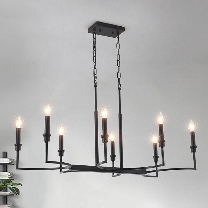 8-Light Black Chandelier, Farmhouse Dining Room Light Fixtures Over Table, Metal Candle Rectangular Chandelier Light Fixture Dining Retro Kitchen Island Lighting Living Room Entryway37in