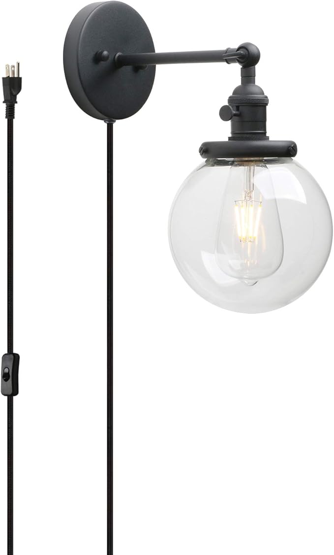 PERMO Plug in Wall Sconce with 5.9" Round Globe Clear Glass Shade and On/Off Switch Industrial Wall lamp Light Fixture 1-Light (Black)