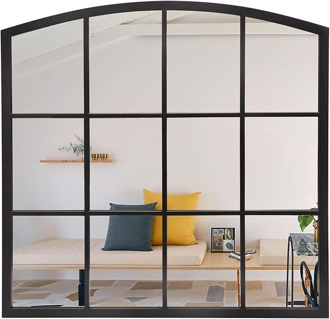 36 Inch Arched Window Mirror, Matte Black Metal Frame Decorative Mirror, Grid Wall Mirrors for Living Room, Bedroom, Entryway