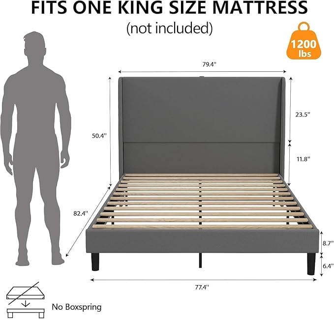 GTPLAYER King Size Bed Frame, Upholstered Platform Bed Frame with USB Type-C Tall Headboard Wingback, Soft Velvet Fabric, No Box Spring Needed, Easy Assembly, Misty Grey