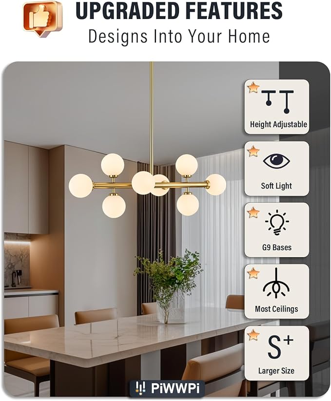 Modern Linear Chandeliers for Dining Room, 8-Light Globe Sputnik Pendant Ceiling Light, Brass Gold Dining Room Light Fixture Over Table, Mid Century Glass Milk White Bubble, 31.5 Inch, GC-09