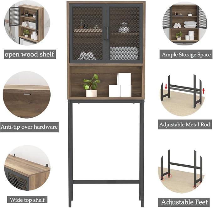 Launica Bathroom Organizer Over Toilet, Over The Toilet Storage Cabinet, Wood Metal Bathroom Space Saver Stand Behind Toilet, Industrial Freestanding Rack Above Toilet Wtih Shelf, Rustic Oak