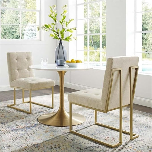 Modway Privy Stainless Steel Upholstered Fabric Dining Accent Chair Set of 2, Gold Beige