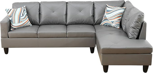 Faux Leather L-Shape Sectional Sofa, 3 Piece Couch with Storage Ottoman & Right Chaise Lounge, 97" Button Tufted Upholstered Corner Couch for Home, Living Room, Apartment, Dark Gray