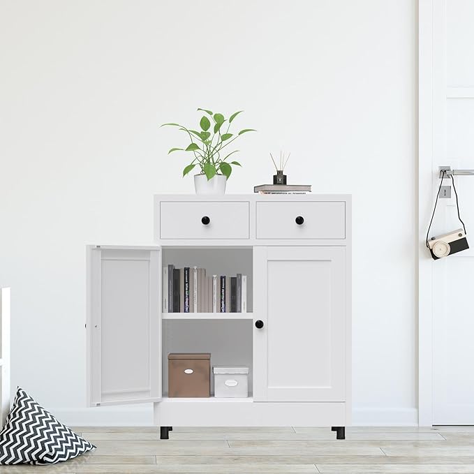 Metal Storage Cabinet with 2 Drawers and Adjustable Shelf, Sideboard Buffet Cabinet for Home, Office, Hallway, Entryway, Living Room, Kitchen Pantry and Dining Room (White)