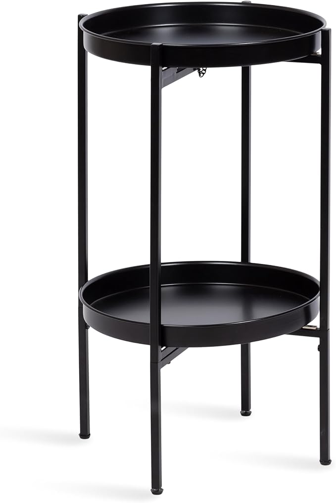 Kate and Laurel Celia Round Metal Foldable Tiered Side Table; 16 x 26; Black; Modern Accent Table with Removable Magnetic Tray Tabletops and Space-Saving Folding Base
