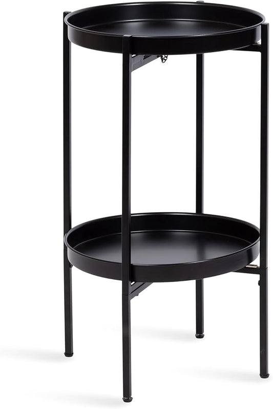 Kate and Laurel Celia Round Metal Foldable Tiered Side Table; 16 x 26; Black; Modern Accent Table with Removable Magnetic Tray Tabletops and Space-Saving Folding Base