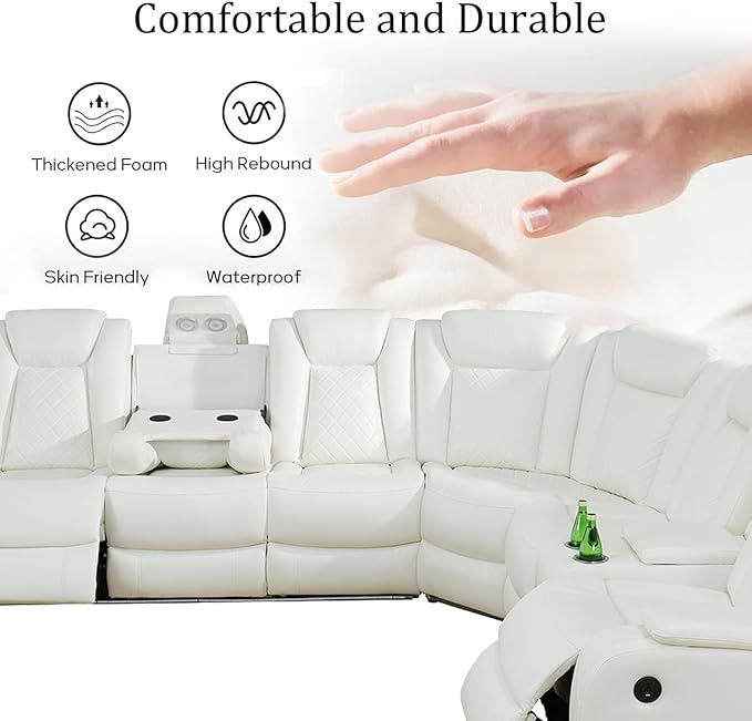 Power Reclinier Sectional Sofa Set,White Leather Reclining Sectional Modular Couch Set,L Shaped Leather Couch with LED Light for Living Room/House/Apartment/Lounge(L+3 Seats Sofa)