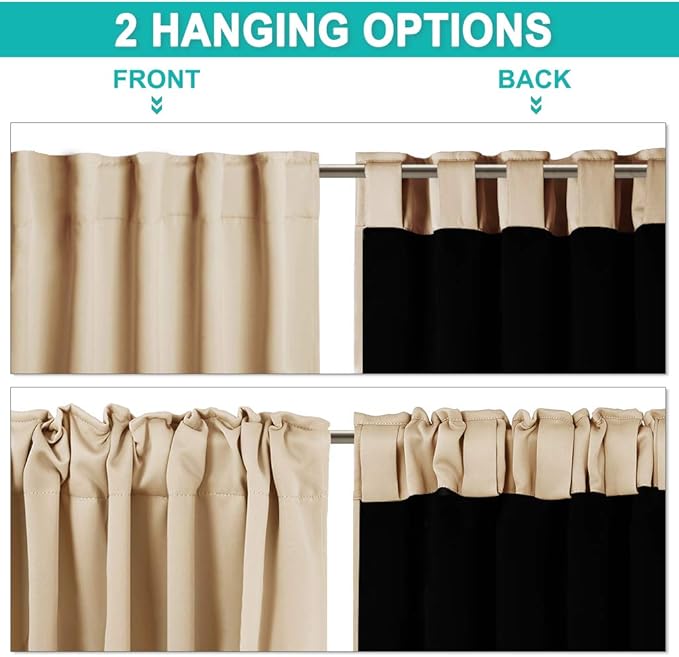 NICETOWN Thermal Insulated 100% Blackout Curtains, Multi-Function Noise Reducing Drapes with Black Lining, Full Light Blocking Drapery Panels for Patio (Biscotti Beige, 2 PCs, 52 inches x 95 inches)