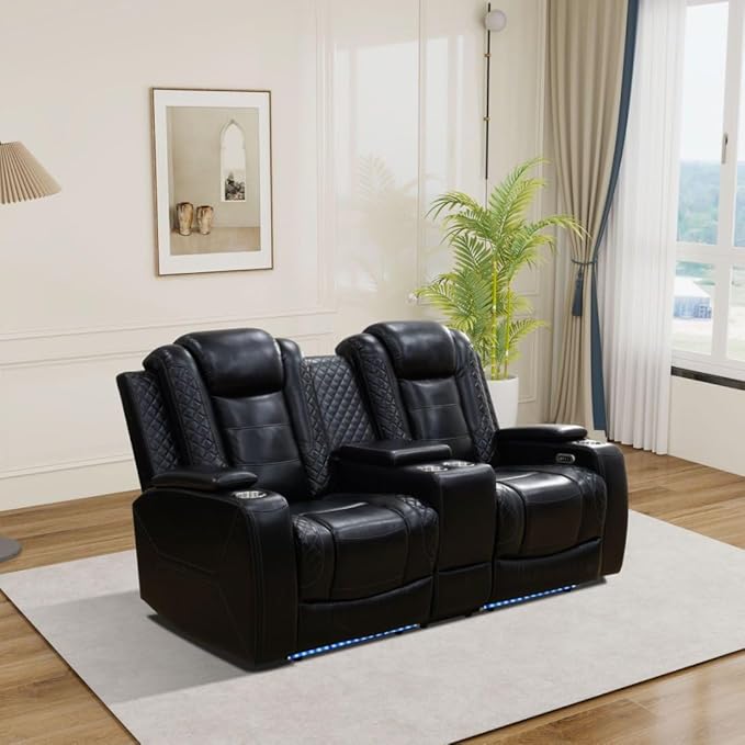 Leather Power Recliner Sofa Set with LED, Living Room Furniture Set, Leather Sofa Set with USB Port Storage Console Cup Holder for Office Living Room Home (All-Black Upgraded Version 8 Cup Holders)
