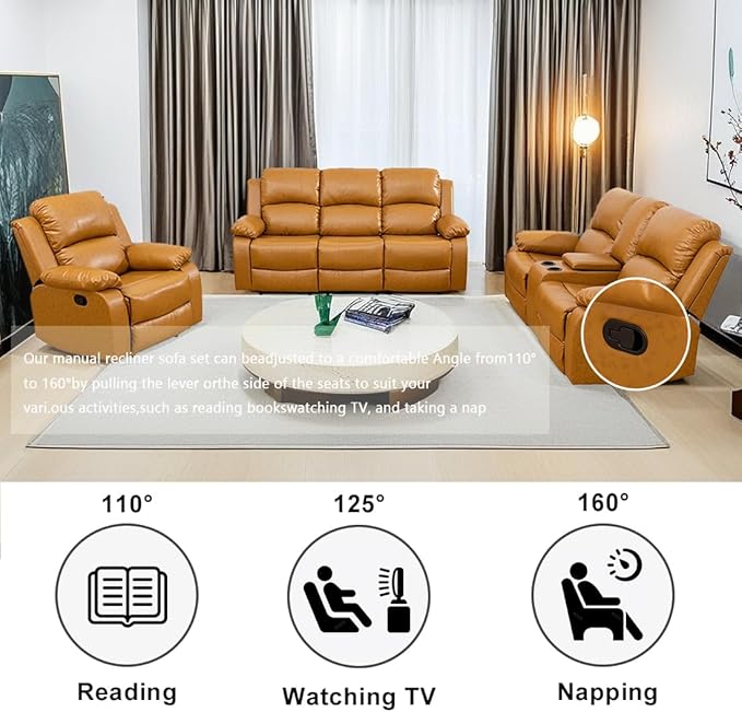Manual Recliner Sofa Set Vegan Leather Reclining Sofa Set Living Room Furniture Sets Loveseat Couch Chair Set with Cup Holders/Storage Console/Drop Down Table for Home/Office (Ginger,3PCS Set)