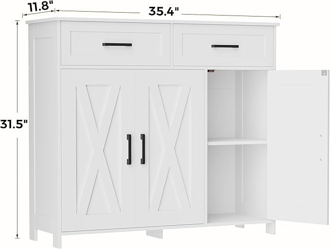 Homhedy Sideboard Buffet Cabinet, Coffee Bar Storage Cabinet with Drawers and Doors, Farmhouse Kitchen Cabinet with Adjustable Shelves, for Kitchen, Dining Room, Living Room, White