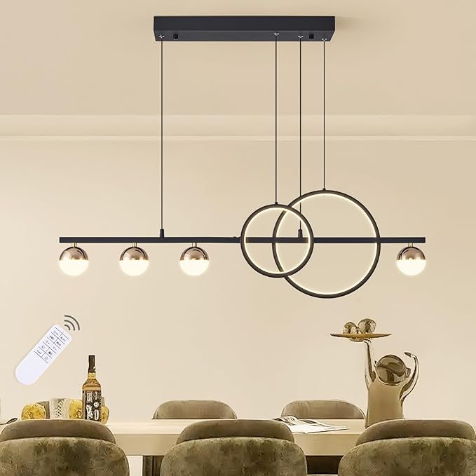Modern Black Gold Chandeliers for Dining Room, Dimmable LED Chandelier Linear Pendant Light for Kitchen Island, 39in Globe Haning Pendant Chandelier Lighitng with Remote (2 Rings, 3000lm)
